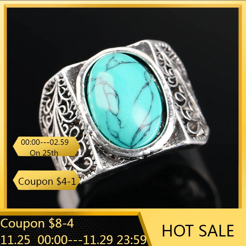 

Vintage Silver Color Oval Turquoises Ring Antique Hallow out Wave Rings For Women Gothic Party Anniversary Retro Jewelry Gift