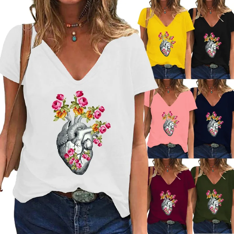 

Женская блузка, короткая футболка с принтом Sieeve, женская модная свободная футболка с V-образным вырезом, Повседневная рубашка, топы, блузки