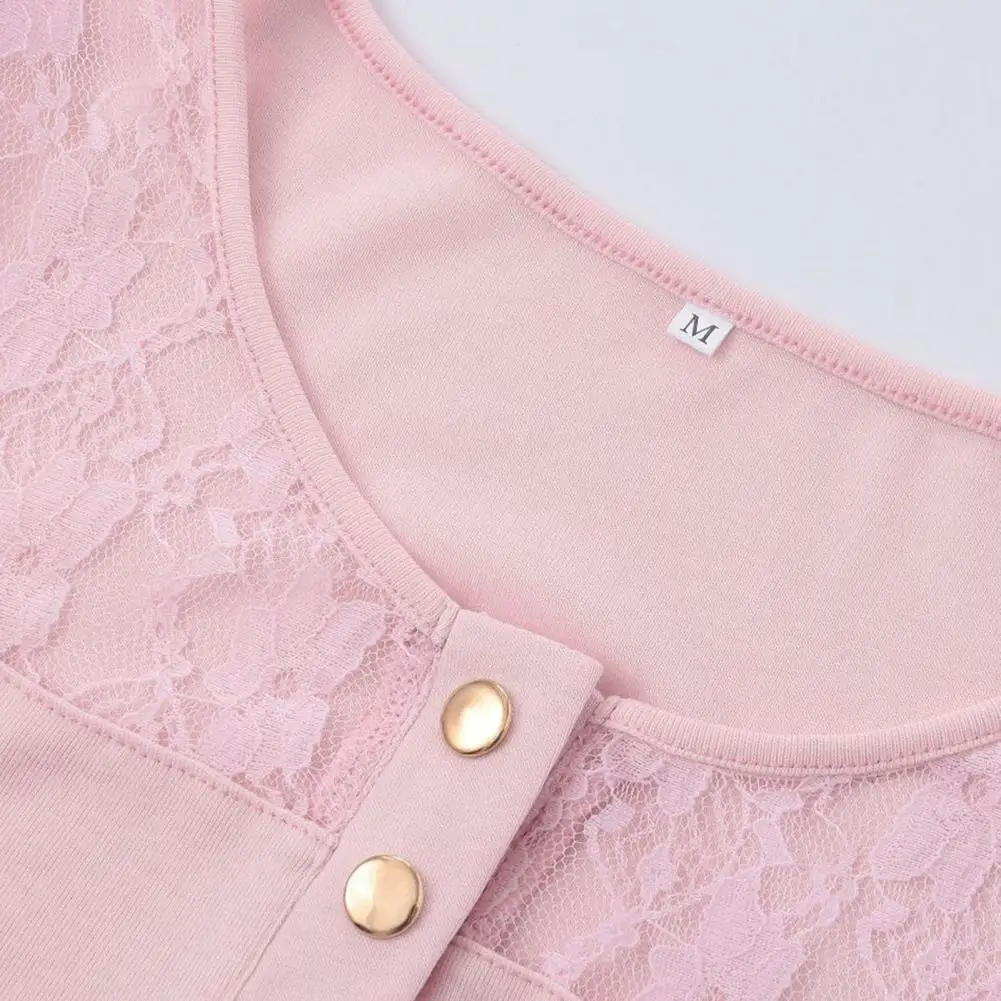 

Women Fashion Lace Patchwork Blouse Long Sleeve O Neck Buttons T-shirt Pullover Female Long Sleeve Chic Shirt