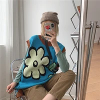 Japan Style Kawaii Knit Vests Women Sweet Casual Loose O-neck Cute Cartoon Flower Pattern Knitted Sweater Sleeveless Pullover