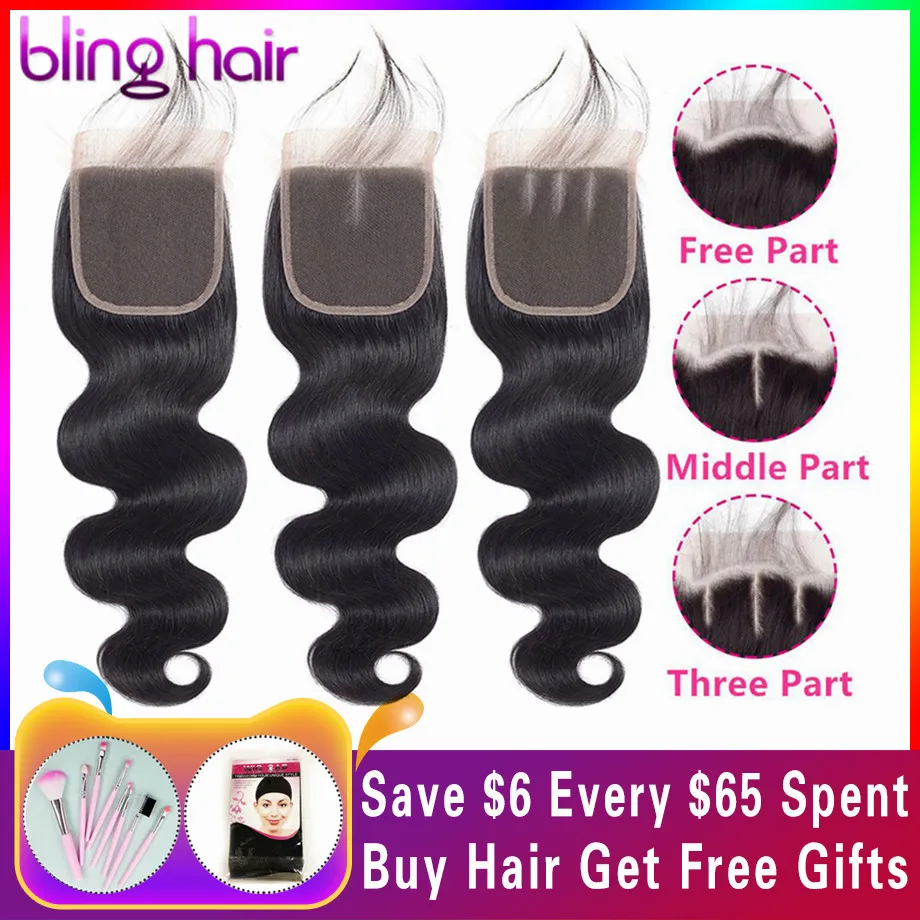 Bling Hair бразильские объемные волны 4*4 закрытие шнурка свободный/средний/три части Remy человеческие волосы закрытие натуральный цвет