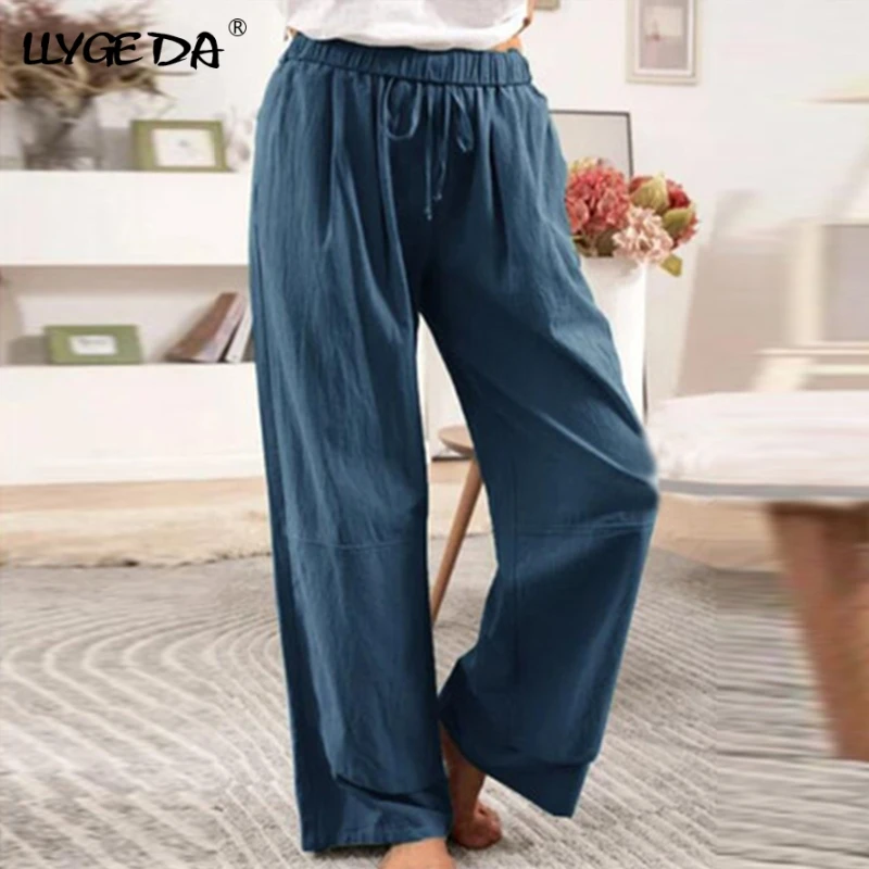 Хлопковые льняные брюки на завязках для женщин со средней талией однотонные