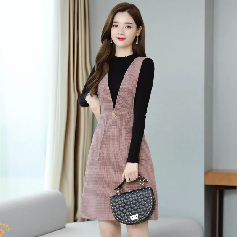 Стильное и удобное клетчатое платье осень зима новый ремень жилет Женское серый