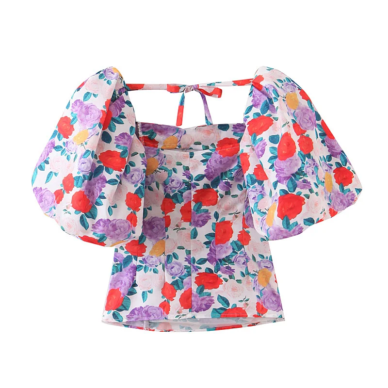 

YNZZU Square Neck Floral Print Boho Crop Blouse Women Tops 2020 Summer Puff Sleeve Holiday Ladies Slim Boho Blouses AT478