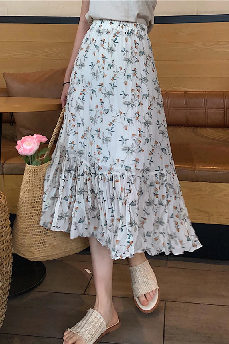 

Faldas elegantes de moda para mujer, faldas coreanas de cintura alta, con S71estampado Floral elstico y volantes, plisadas,