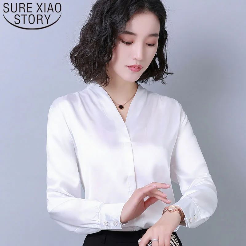 

2020 Early Spring New Simple Style Silk Women Shirt Solid Long Sleeve Chiffon Silk Blouse Blusas Femininas Elegante 7993 50