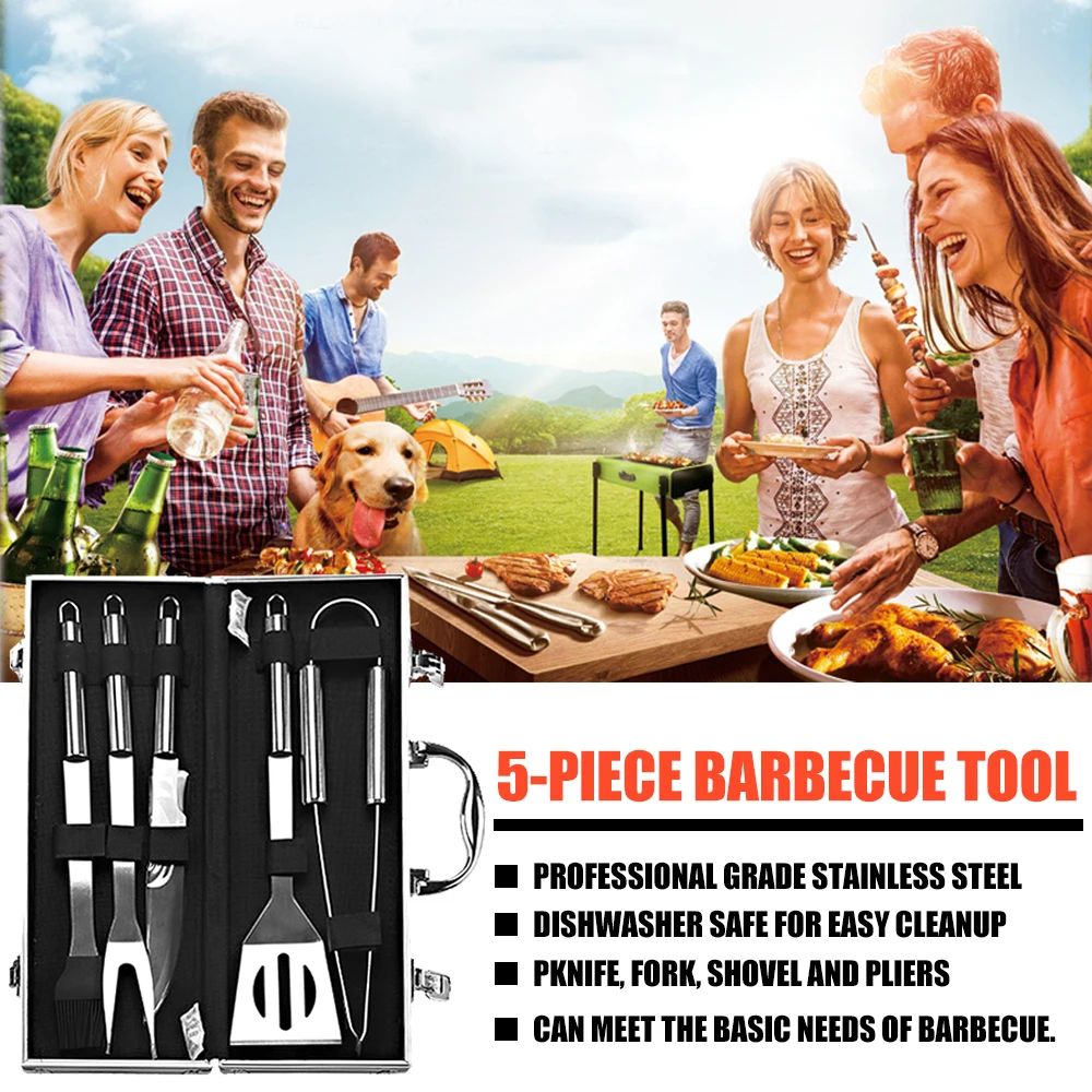 

5pcs BBQ Tools Set Grilling Utensil Barbecue Accessories Portable Stainless Steel Camping Outdoor Cooking Tools Kit BBQ Utensils