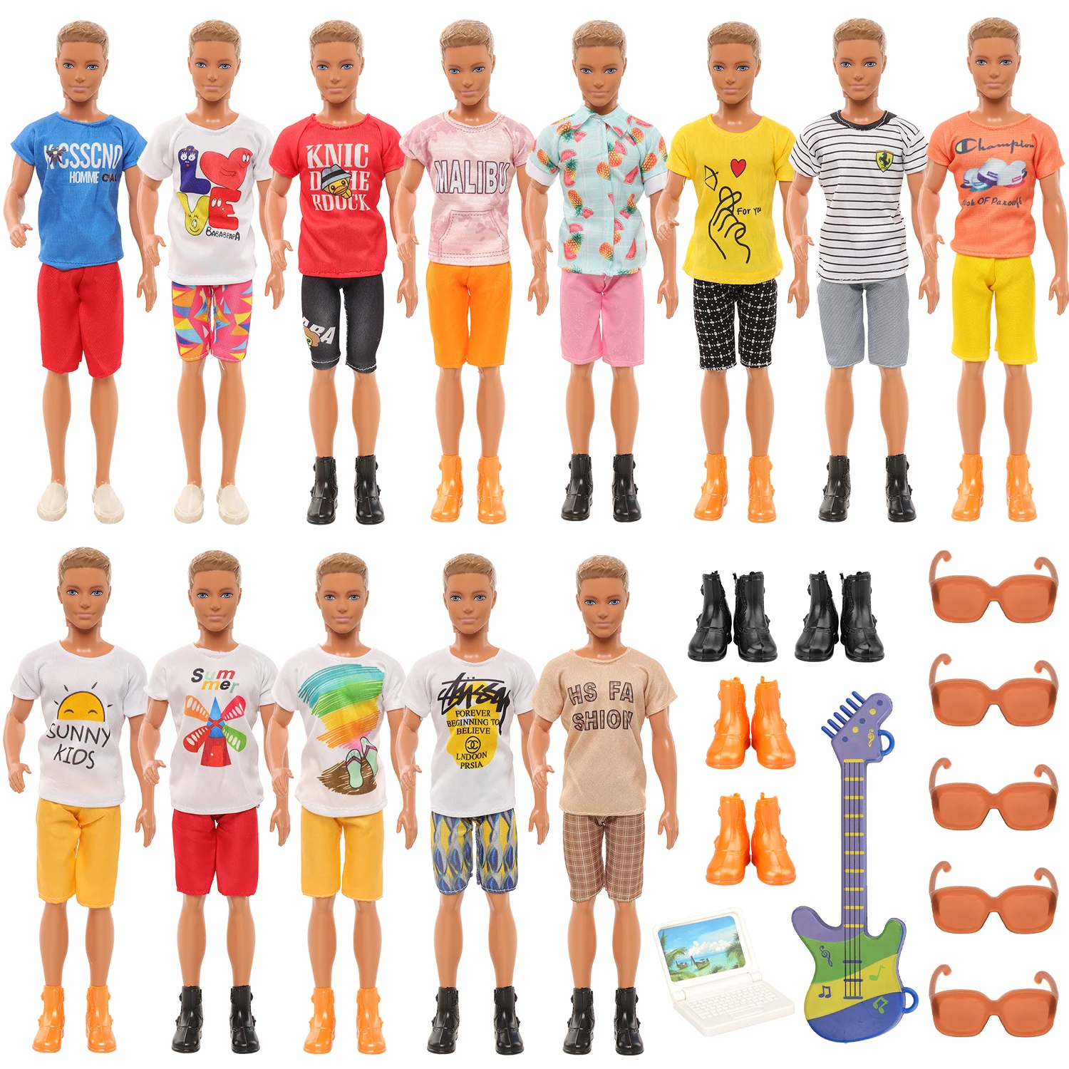 

Fashion Daily Clothes for Ken Doll Casual wear Tops Shorts Shoes Miniature Laptop Guiter Sunglasses Doll Accessories for Barbie