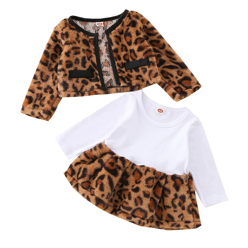 

2 Pcs Infant Leopard Print Outfits, Baby Girls Long Sleeve Round Neck Patchwork Dress + Fuzzy Cardigan