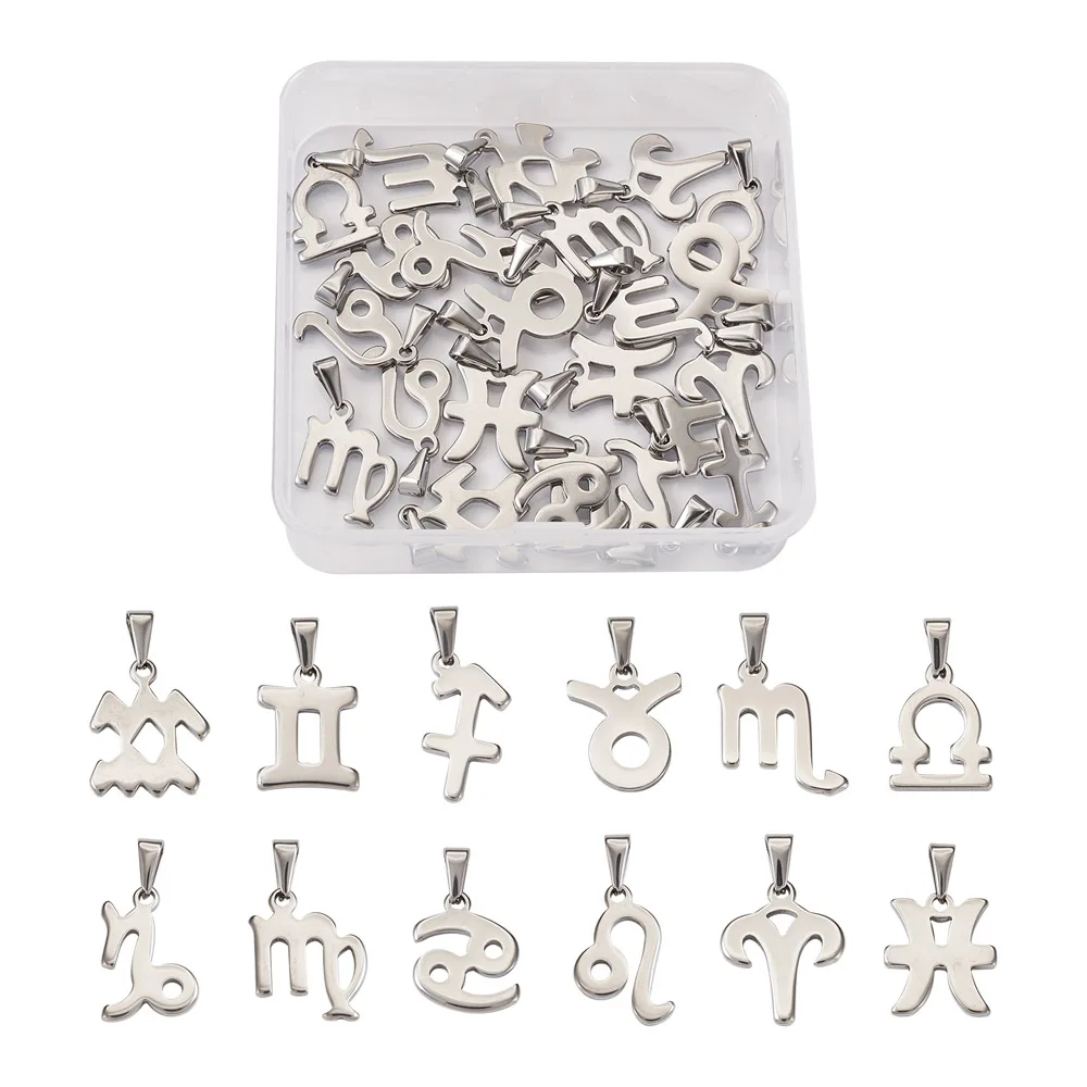 24Pcs/Box Wholesale Stainless Steel 12 Constellation Twelve Zodiac Sign Pendants Charms For Necklace DIY Jewelry Making