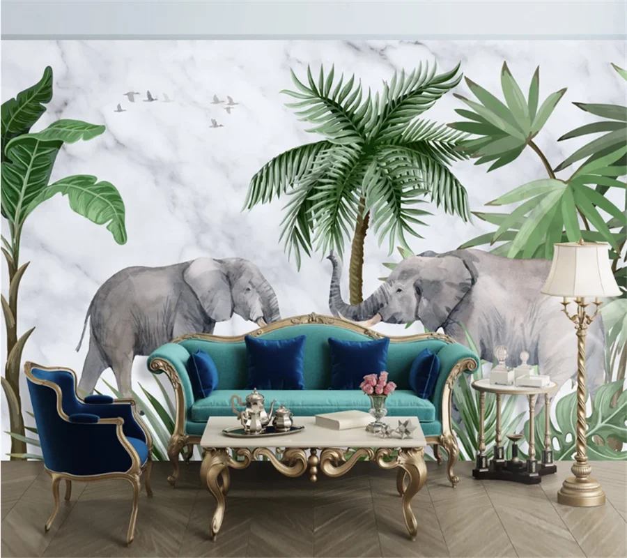 wellyu Customized wallpaper 3d fresh elephant marble pattern plant forest background living room bedroom wall | Обустройство дома