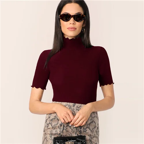 Бургундия COLROVIE Lettuce Trim Form Fitted Rib-knit T-shirt Women Short Sleeve Casual Tops Female High Neck Elegant T-shirts - Цвет: Бургундия