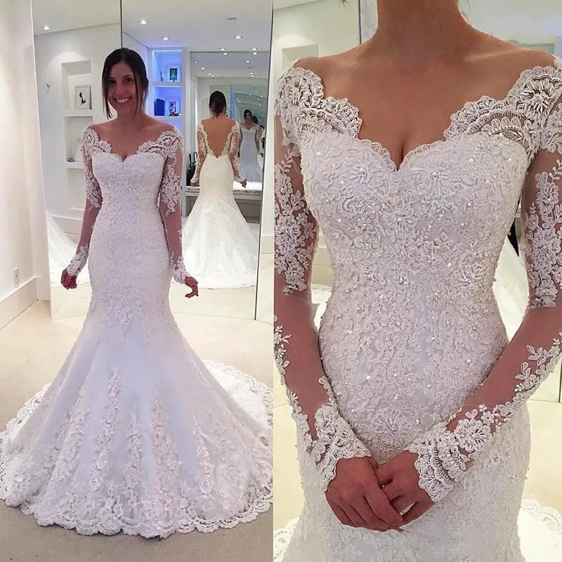 Mermaid Vintage Wedding Dress Applique Lace V Neck Illusion Long sleeve Bridal Gowns Robe De Mariage Custom size color For lady | Свадьбы и