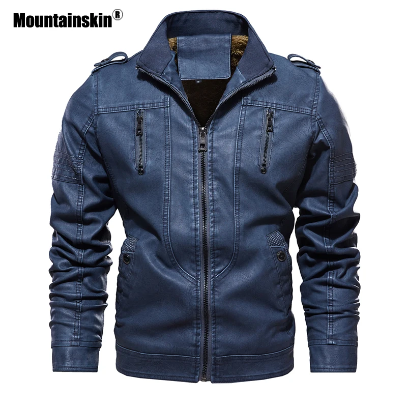 Мужская куртка из ПУ кожи Mountainskin повседневная однотонная приталенная на молнии с