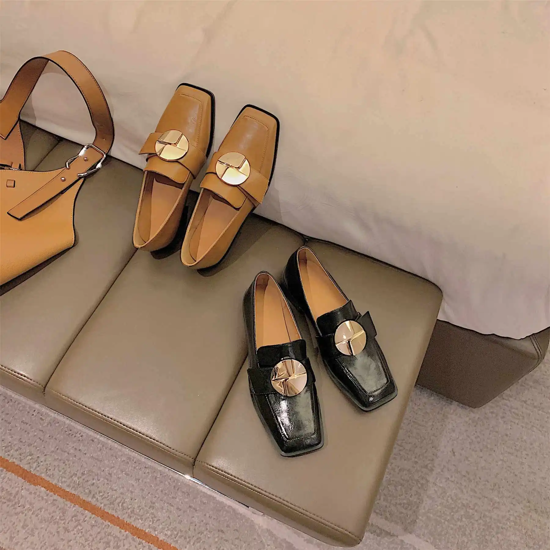 

Krazing Pot England style cow split leather metal decorations square toe low heel slip on convenient office lady women pumps L52