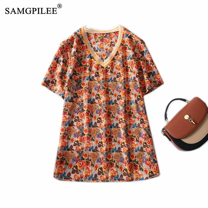 

Tshirts Oversized Small Flowers Ol Style Thin Summer Korean Fashion V-neck Chiffon Short-sleeved T-shirt 2021 New Women Clothing