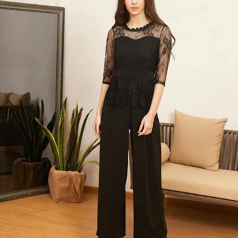 Fashion Women Jumpsuit Rompers 2019 New Solid Color Sexy Seven-point Sleeve Lace Splice Wide Leg | Женская одежда
