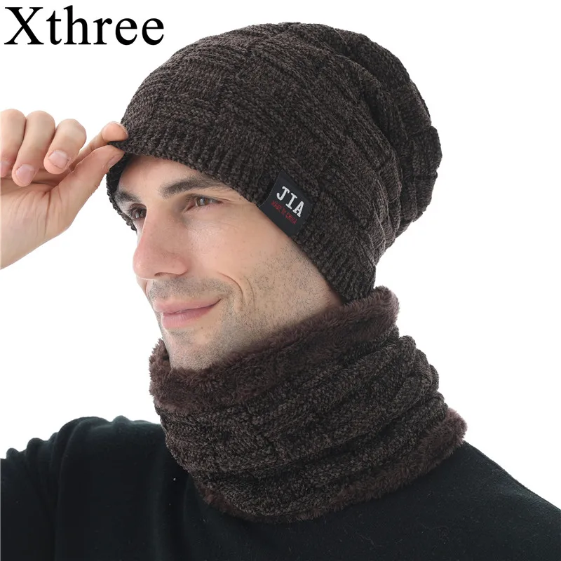 

Xthree Winter Men's Beanies Skullies Hat For Men Chenille Knitted Hat Scarf With Lining Male Gorras Bonnet Winter Hats Beanie