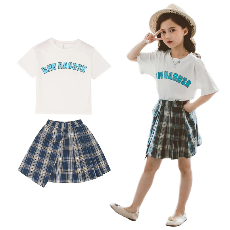 2020 Детская летняя футболка с короткими рукавами для маленьких девочек Топы + юбка