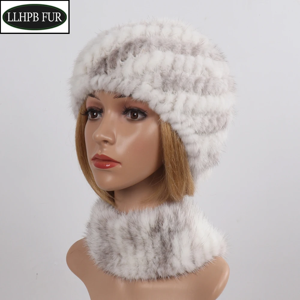 2021 Новая женская зимняя вязаная меховая шапка из натуральной норки шарф