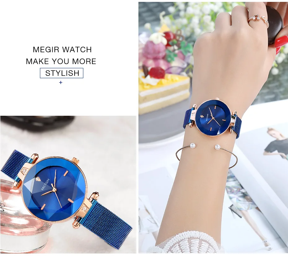 MEGIR роскошные женские часы Reloj Mujer синие сетчатые часы из нержавеющей стали элегантные женские часы-браслет женские часы