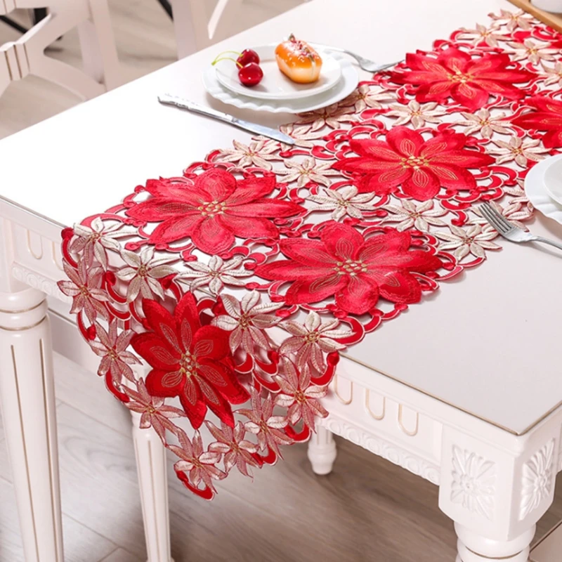 

Рождественская вышитая настольная дорожка s Luxury Poinsettia Holly настольная дорожка для кофейного столика Рождественские декоративные салфетки