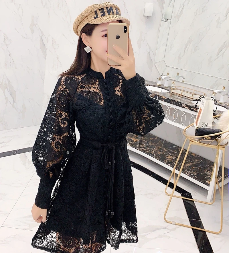 Женское дизайнерское платье с цветочной вышивкой ажурное Бандажное черное мини