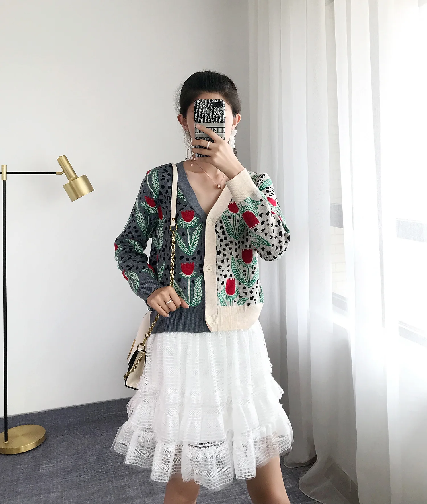 Жаккардовый вязаный свитер кардиган 2019 осенний лоскутный однобортный Кардиган с