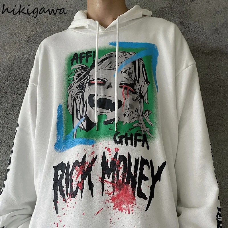 

Hikigawa Pullover for Women Oversized Gothic Japan Men Hoodies Harajuku Cartoon Print Women's Sweatshirts Korean Fashion Tops