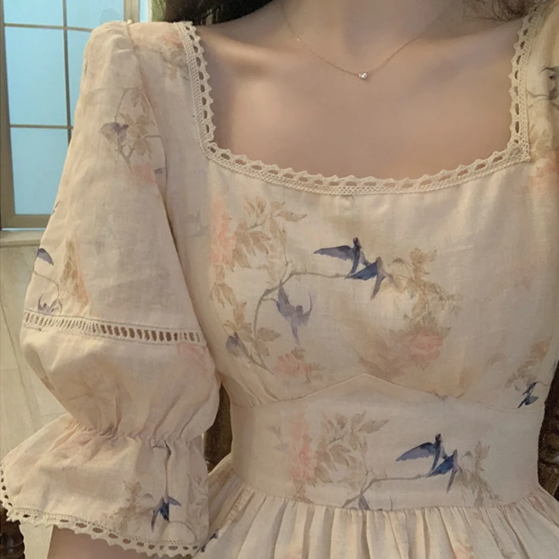 

Spring flower print casual dress women Palace style dress