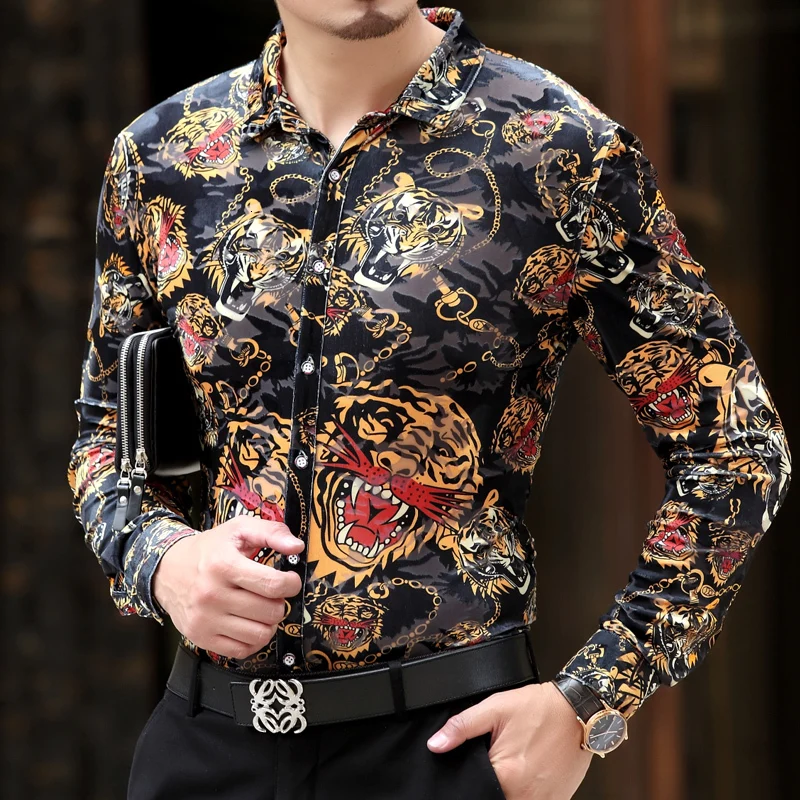 

Top Brand High Quality New Arrive Personalized Cool Mens Silk Long Sleeved Shirts Leopard Tiger Printed Shirts Size 3XL