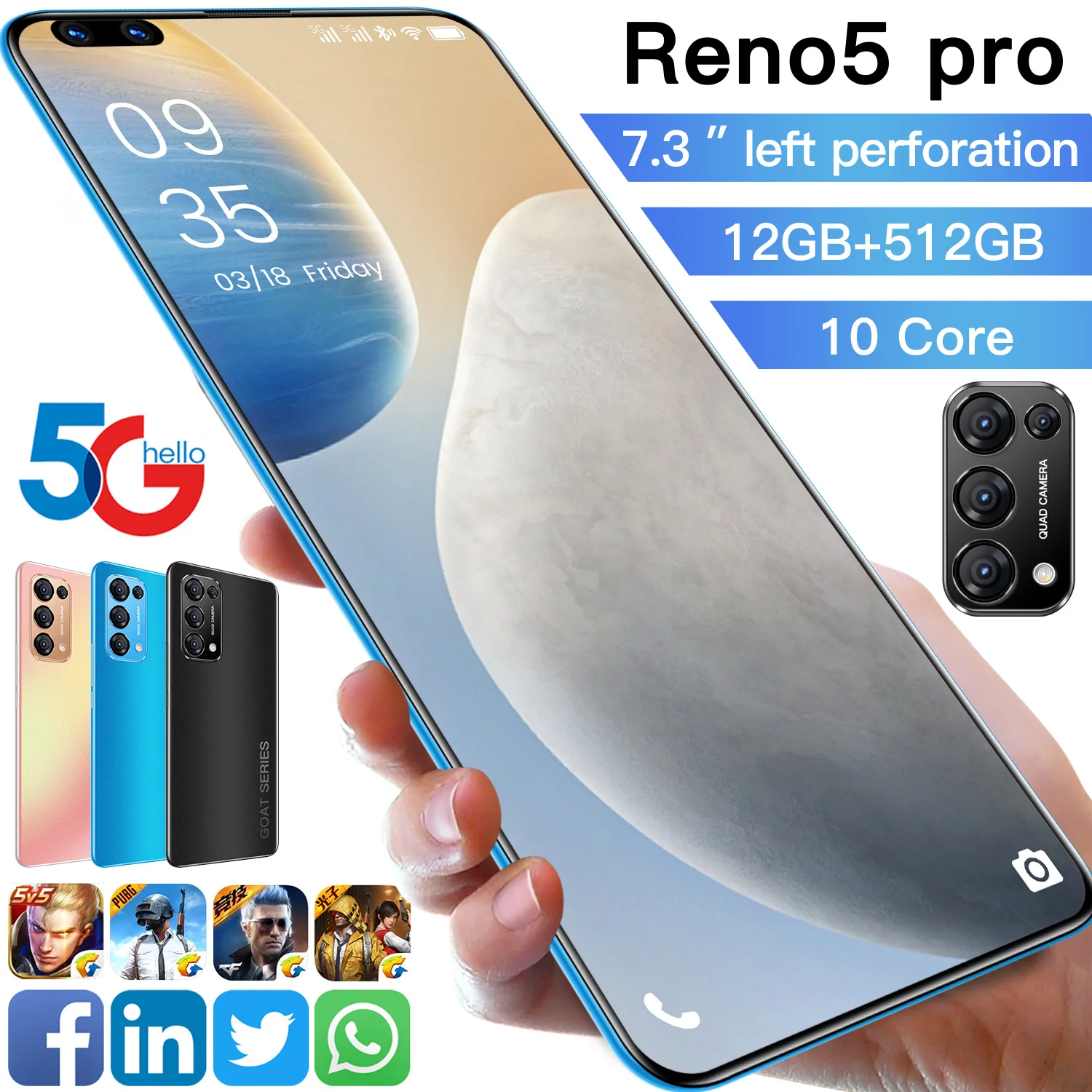 

Global version Reno5Pro 12GB 512GB / 128GB Smartphone SMTK6797 10 core processor 7.3" FHD+ screen fingerprint unlock Type C