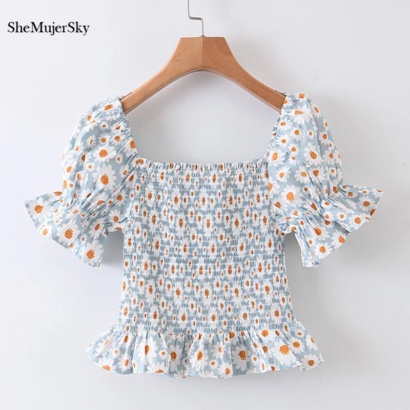Женская блузка с цветочным принтом SheMujerSky летние рубашки коротким Расклешенным