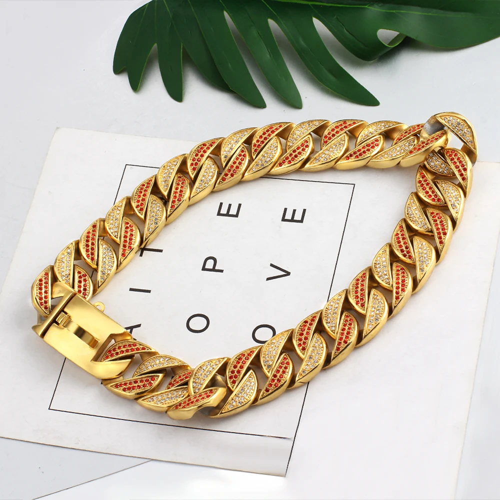

32mm High Quality Inlaid crystal Choker Pet Necklace Stainless Steel Dog Collar Large Dogs Chain Trainning Pet Collar Accessorie