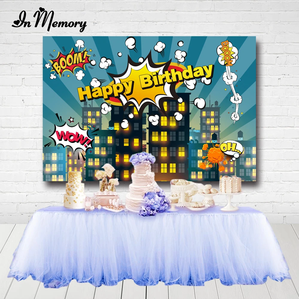 Фотофон InMemory с изображением супергероя на тему ночного города для детского дня