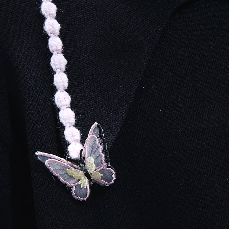 

Women Polo Collar T-shirt Handmade Three-Dimensional Butterfly Knitwear Black Short Sleeve Loose T Shirt Female White Jumper