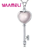 hot sale lovers gift jewelry 100 925 sterling silver pink glass heart key korean style pendant necklaces collar for ladies
