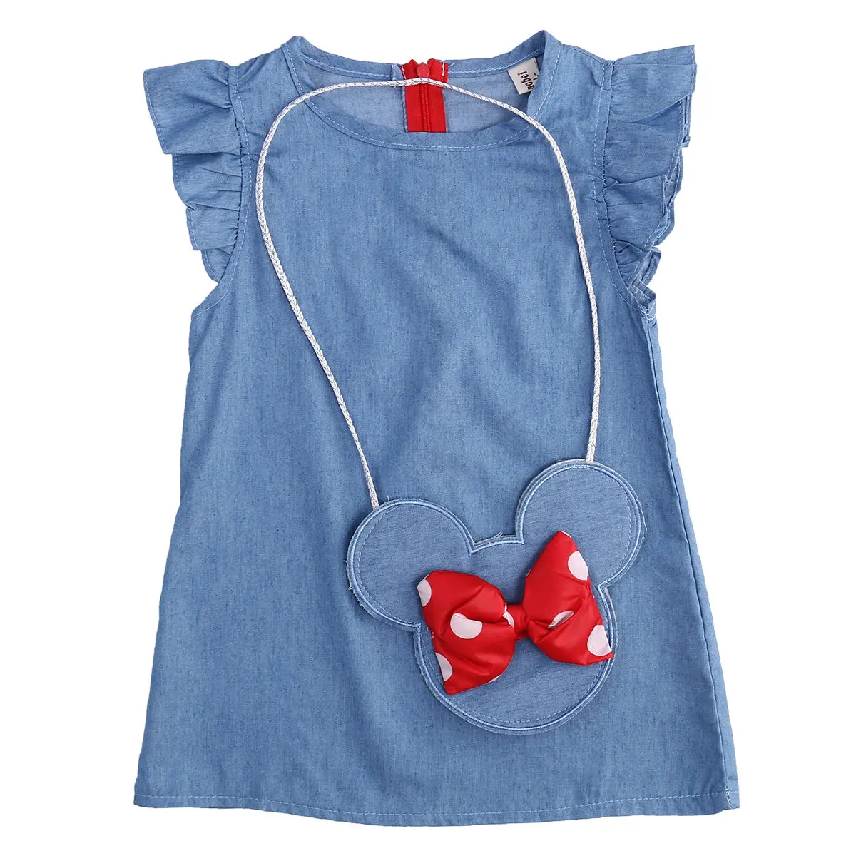 

Kids Girl Solid Ruffle Short Sleeve Dress with Mouse Bag Denim Sweet Party Dresses Sundress Clothes Kids Dresses for Girls 2021