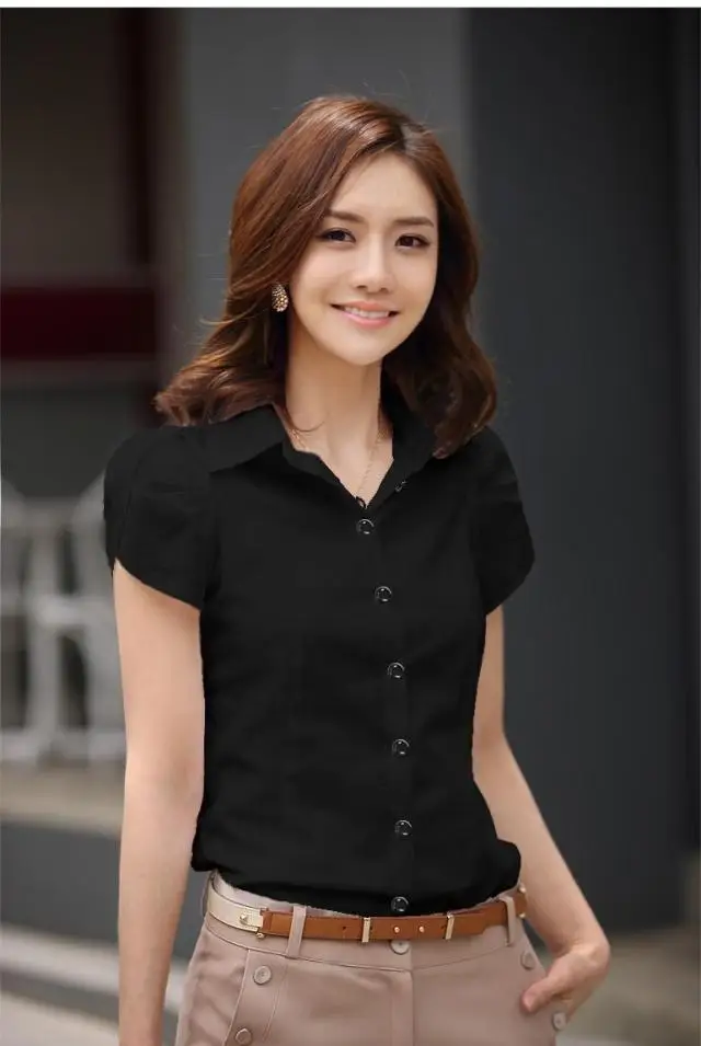 Summer Women Office Lady Shirt Fashion Korean Casual Short Sleeve Turn-down Collar Button White Blouse S-5XL Plus Size Tops - Цвет: Z11 Black