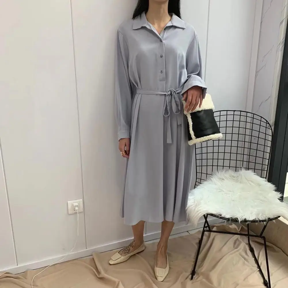 Весеннее женское платье рубашка белое с длинным рукавом и отворотом в Корейском