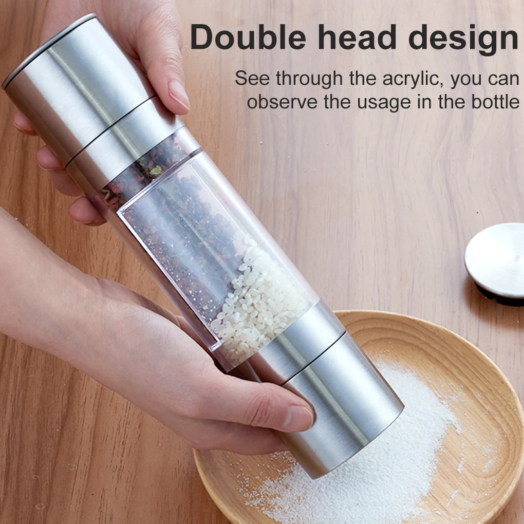 

2 in 1 Manual Grinder Stainless Steel Pepper Grinder Clear Salt Seasoning Hand Mill Adjustable Kitchen Utensil