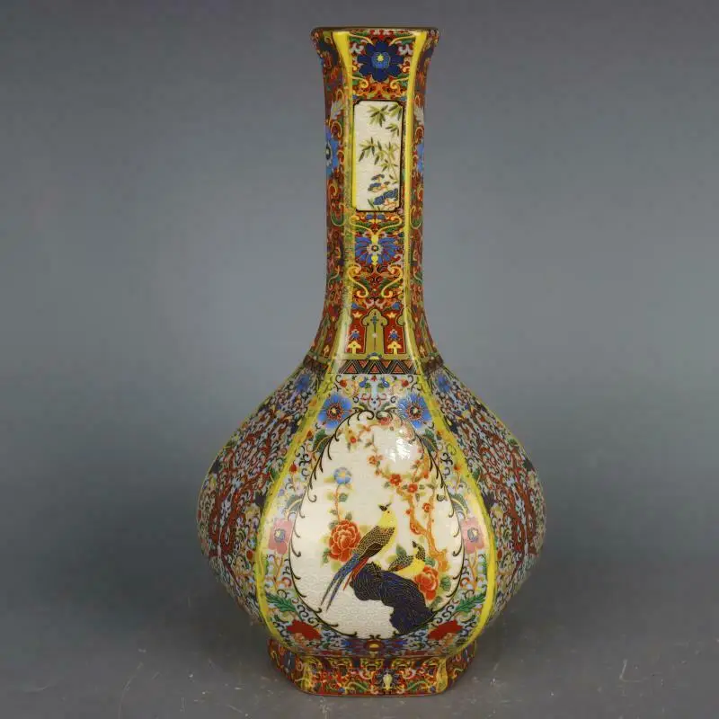 

Китайская эмалированная фарфоровая ваза с позолоченными краями, птицы, цветы, Дизайнерская ваза 11,3 дюйма