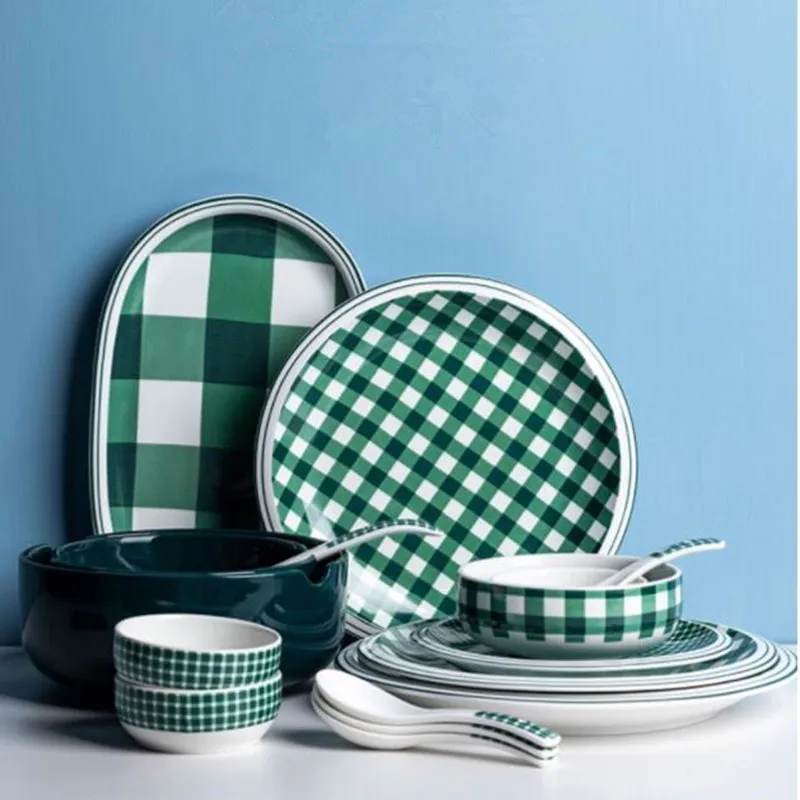 Набор тарелок серии Green plaid керамическая кухонная тарелка набор посуды посуда для