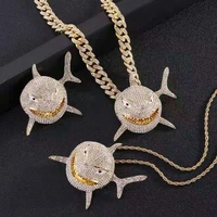 rock hip hop prong 12mm cuban chain shark pendant necklace iced out watch rhinestone rapper cz bling for men jewelry gift mens