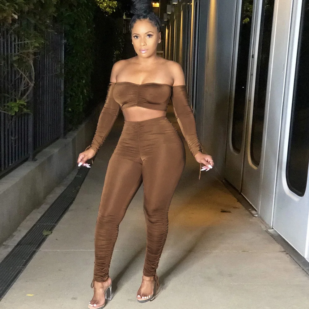 

2 Piece Set Women Sexy Fashion Strapless Crop Top Stacked Pants Trousers Suit Women's Clothing Set
