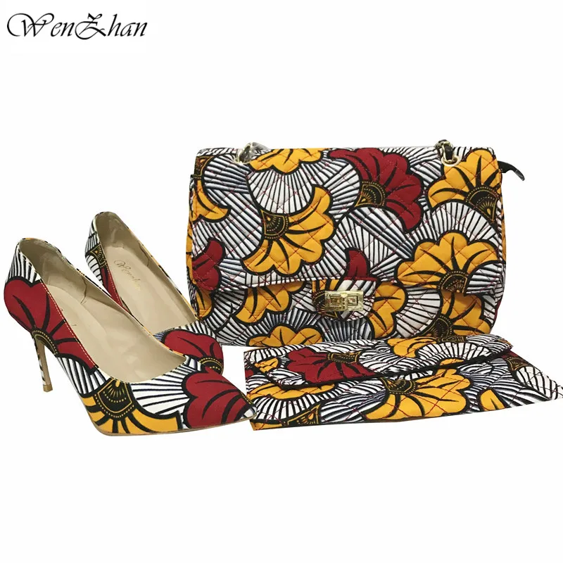 

WENZHAN Kente wax cotton fabirc 100%cotton 6yards material with women handbag and high heel shoes 36-43 popular match sets 36-43