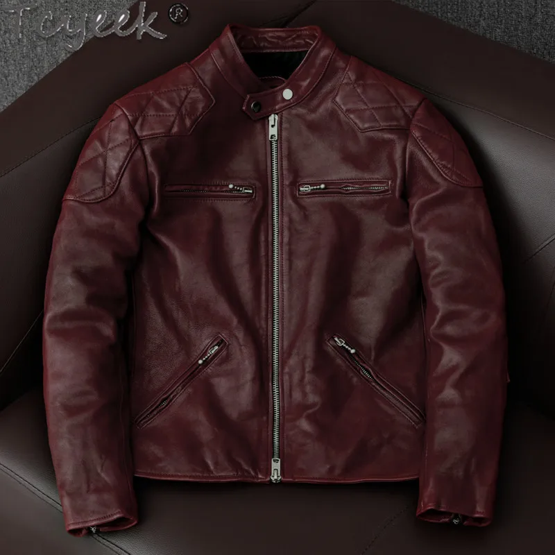 

Tcyeek Vintage Leather Jacket Men Streetwear Motorcycle Jackets Sheepskin Coat Sand Collar Red Mens Clothing Blouson Cuir Homme