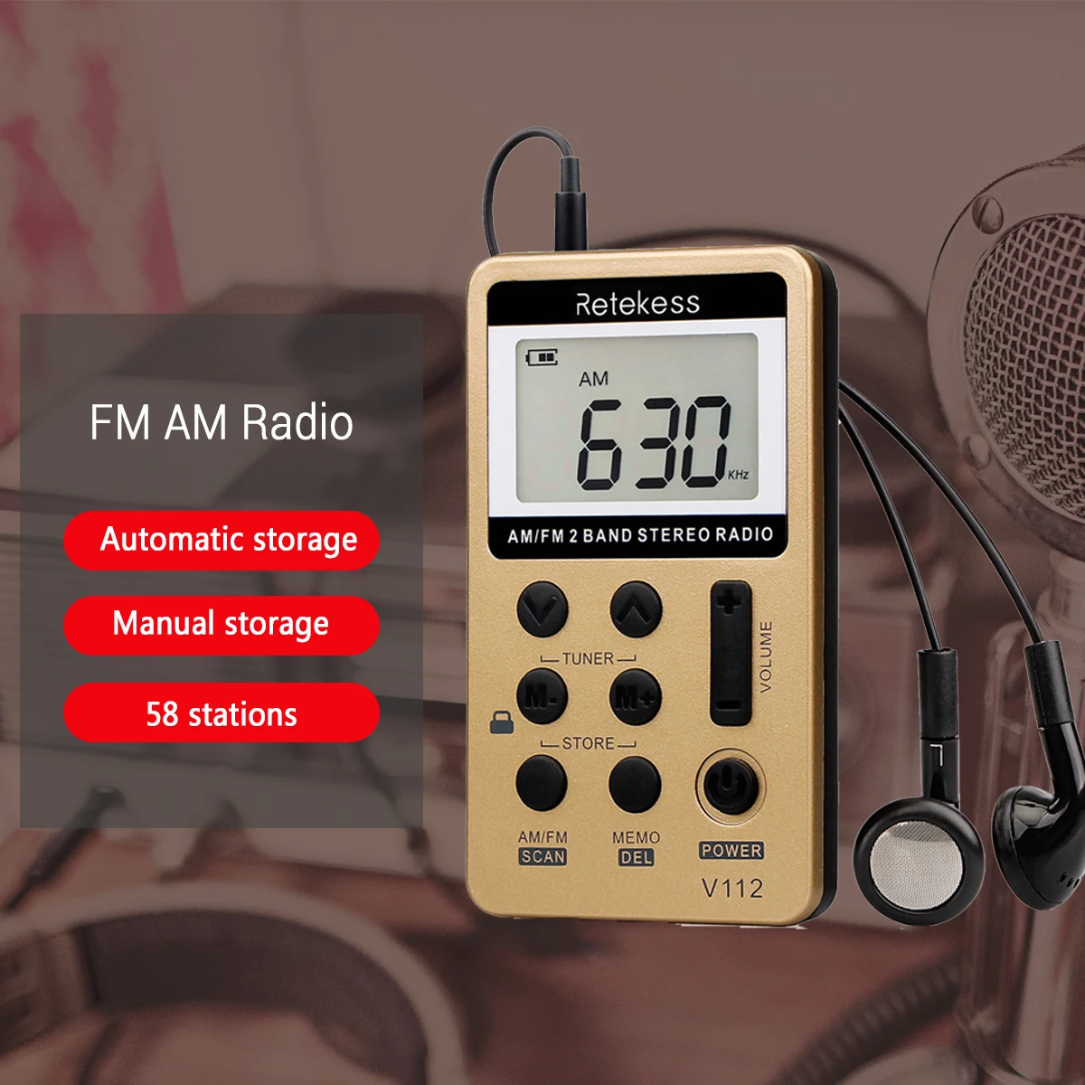 2 шт. Retekess V112 мини Карманный Радио Цифровой тюнинг FM AM 2 диапазона радио приемник перезаряжаемый аккумулятор и наушники лучшие F9202