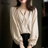 plus size 3xl women new summer shirt imitation silk tops long sleeve apricot double breaste blouse femme blusas shirt ropa mujer
