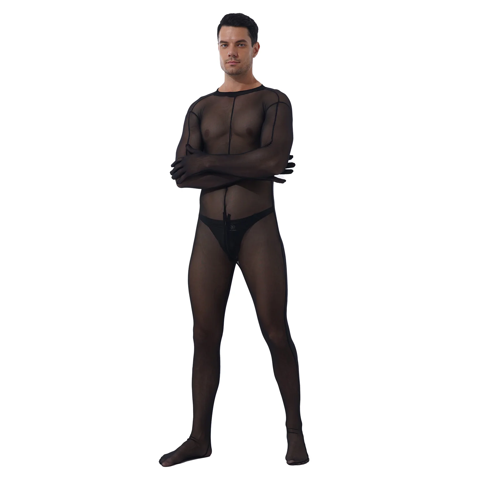 

Men Nightclub Outfit Zipper Crotch Sheer Catsuit Bodysuit See-through Mesh Jumpsuit Bodystocking With Patent Leather Bulge Pouch